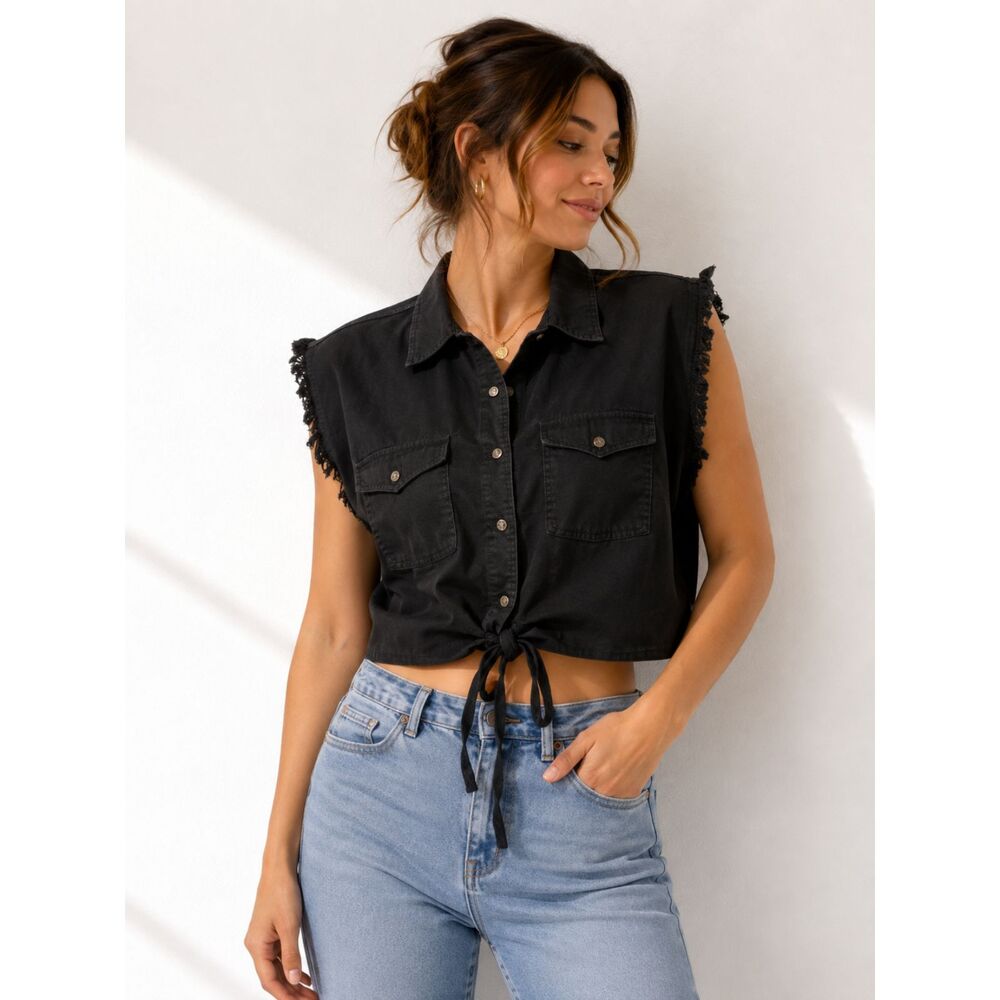 Black Cropped Button Up Utility Vest Women’s XL Frayed Sleeveless Tie Front